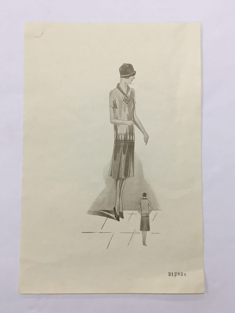 Fashion illustration showing a women wearing the dress, with views from the front and behind.